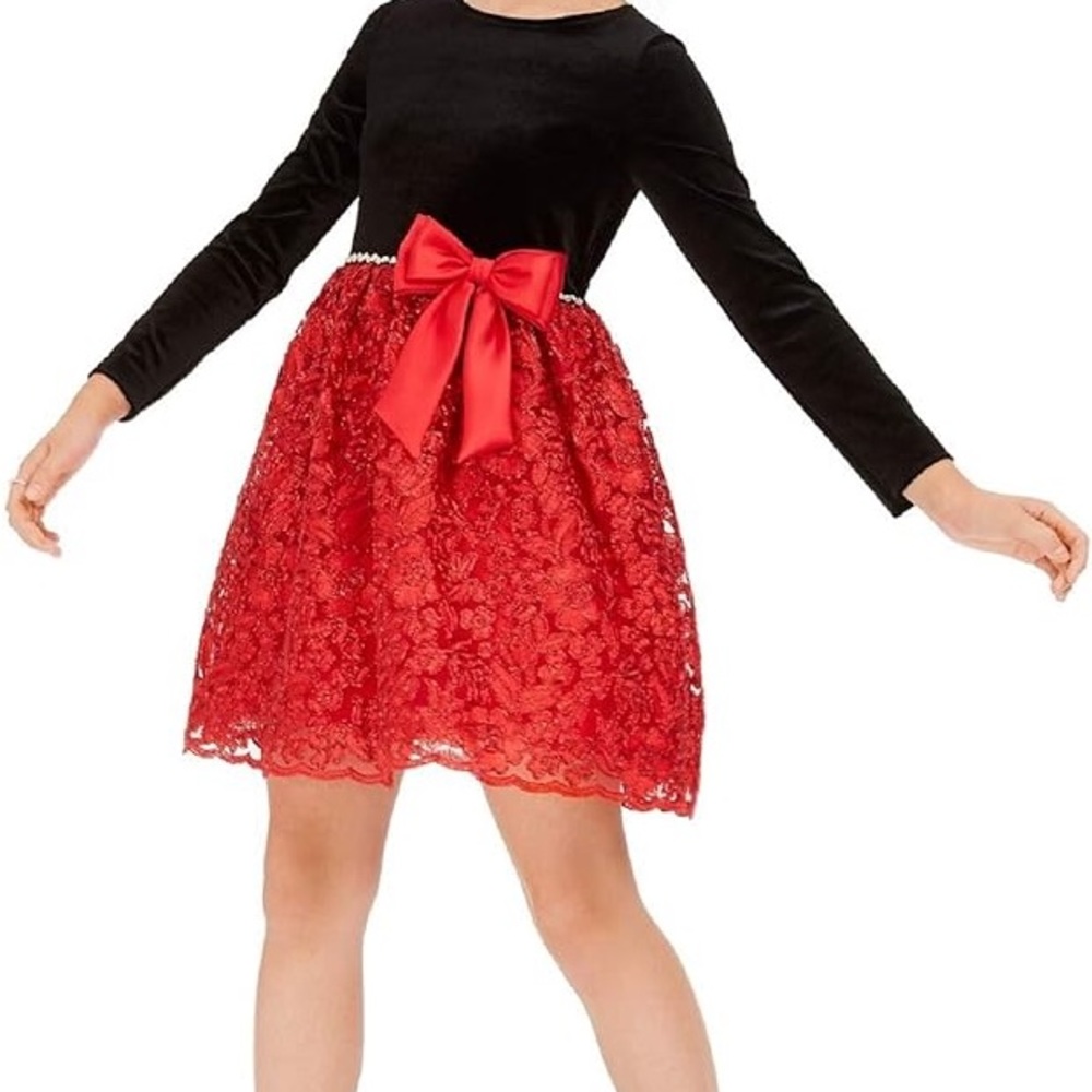 Rare Editions holiday black velvet and red lace jeweled dress size 12